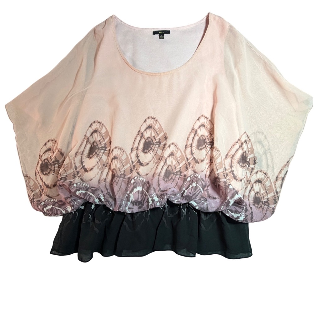 Womens Chiffon Batwing Blouse Peach Black Abstract Print Tiered Top L Go Out Top